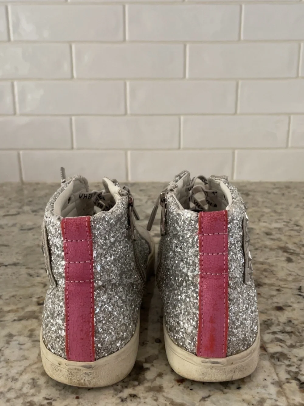 Silver Glitter High-Top Sneakers with Pink Heel